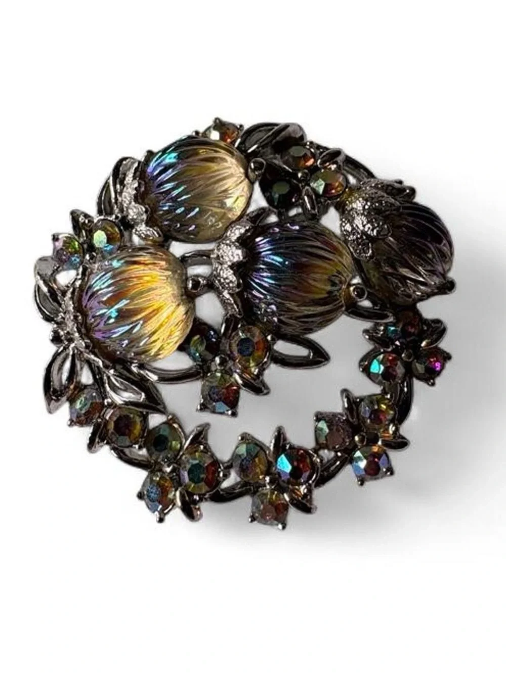 Vintage Mid Century Iridescent Aurora Borealis Oil Spill Floral Thistle Brooch